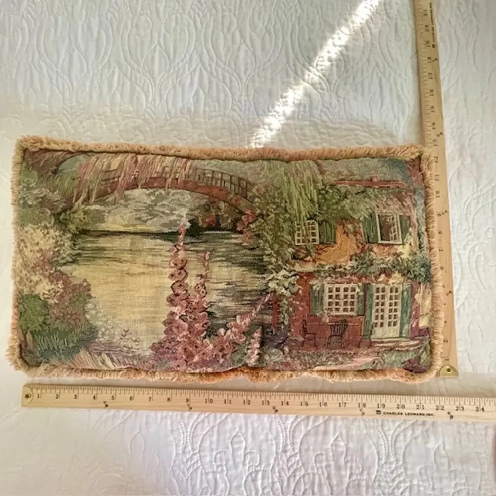 Vintage Tapestry Lumbar Pillow Cottage Garden Scenic Fringe Brown Back